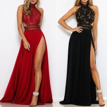 Sexy Backless High Slit Hem Lace Spliced Party Dress
