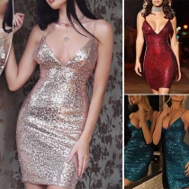 Sexy Backless Deep V-neck Slim Fit Sling Sequin Dress