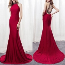 Sexy Cold-shoulder Solid Color Sleeveless Slim Fit Long Dress