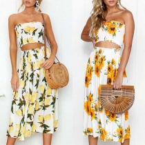 Sexy Off-shoulder Printed Bandeau Top + High Waist Skirt Two-piece Set