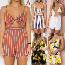 Sexy Backless Knotted V-neck High Waist Printed Sling Romper 
