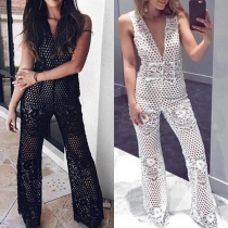 Sexy Backless Deep V-neck Sleeveless High Waist Jumpsuit 