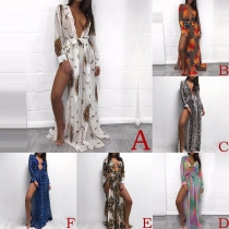 Sexy Deep V-neck Slit Hem Long Sleeve Printed Chiffon Dress