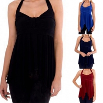 Sexy Backless Irregular Hem Solid Color Halter Top 