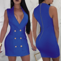 Sexy Deep V-neck Sleeveless Double-breasted Slim Fit Dress