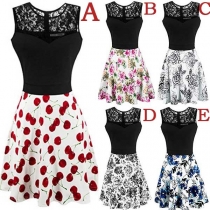 Fashion Lace Spliced Sleeveless Round Neck Printed Dress