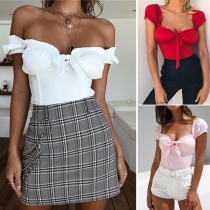 Sweet Style Short Sleeve Lace-up Bowknot Solid Color Top 