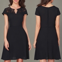 Elegant Solid Color Short Sleeve V-neck Lace Spliced Dress