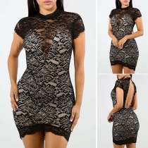 Sexy Round-neck Lace Spliced Hollow Out Short Sleeve Over-hip Dress