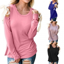 Sexy Round-neck Bowknots Hollow Out Solid Color Shirt 