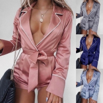 Sexy Lapel Contrast  Color Long Sleeve with Waist Slim Fit Jumpauit 