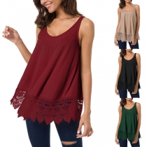 Fashion Solid Color Sleeveless Round Neck Lace Spliced Hem T-shirt