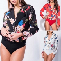 Sexy Style Long Sleeve Notched Lapel Printed Bodysuit