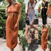 Sexy Lace-up Deep V-neck Hollow Out High Waist Solid Color Dress