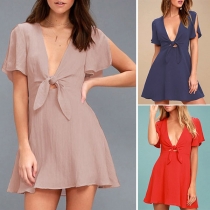 Sexy Lace-up Deep V-neck Short Sleeve Solid Color Dress
