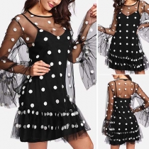 Sexy Dots Printed See-through Gauze Dress + Sling Dress Two-piece Set 