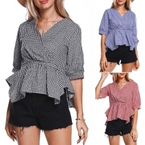 Sexy V-neck Half Sleeve Irregular Hem Plaid Blouse