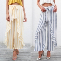 Fashion High Waist Slit Hem Striped Wide-leg Pants 