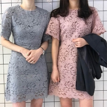 Elegant Solid Color Short Sleeve Round Neck Lace Dress