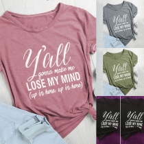 Fashion Letters Printed Short Sleeve Round Neck T-shirt 