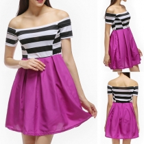 Sexy Boat Neck Short Sleeve Contrast Color Striped Spliced Dress