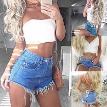 Fashion High Waist Frayed Hem Denim Shorts 