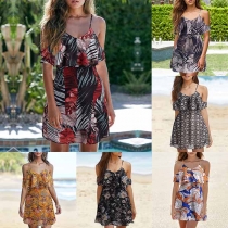 Sexy Cold-shoulder Short Sleeve Lotus Spliced Printed Pattern Dress