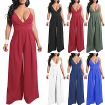 Sexy Deep V-neck Solid Color Sleeveless Backless Gallus Loose Jumpsuit