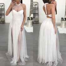 Sexy Solid Color Gauze Spliced Sleeveless Long Slit Dress