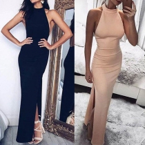 Sexy Solid Color Sleeveless Backless Slim Fit Long Slit Dress