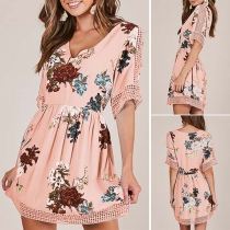 Fashion V-neck Contrast Color Short Sleeve Printed Pattern  Ruffle Hemline Dress