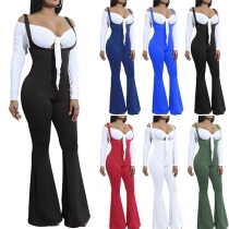 Fashion Solid Color High Waist Flared Hem Overalls