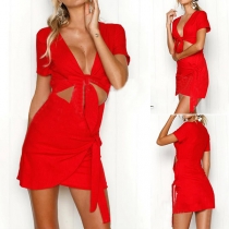 Fashion Deep V-neck Solid Color Short Sleeve with Waistband Dress