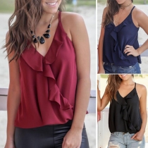 Fashion Solid Color V-neck Ruffle Chiffon Cami Top 