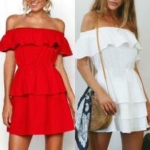 Sexy Boat-neck Solid Color Off-shoulder Lace Spliced Lotus Ruffle Hemline Dress