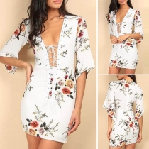 Sexy Lace-up Deep V-neck Trumpet Sleeve Slim Fit Printed Dress