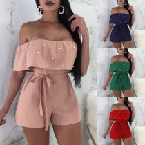 Sexy Off-shoulder Pearl Inlaid High Waist Solid Color Romper 