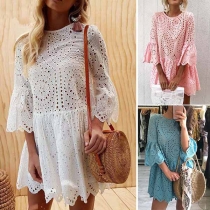 Fashion Solid Color 3/4 Sleeve Round Neck Lace Dress