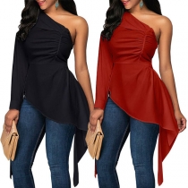 Sexy One-shoulder Long Sleeve Irregular Hem Solid Color Top 