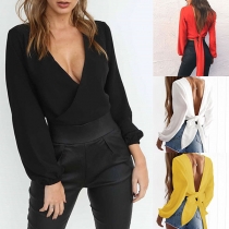 Sexy Backless Deep V-neck Lace-up Hem Long Sleeve Solid Color Top