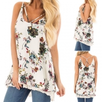Sexy Backless Lace Spliced Hem Printed Sleeveless Top 