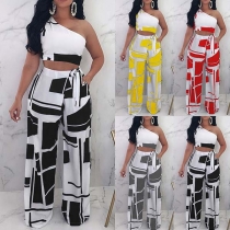 Sexy One-shoulder Crop Top + High Waist Wide-leg Pants Two-piece Set 