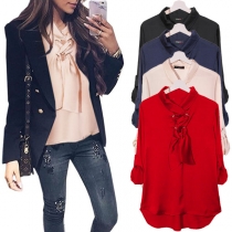 Fashion Solid Color Long Sleeve Lace-up Chiffon Blouse 