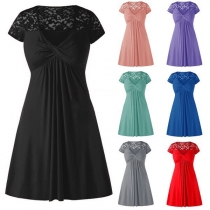 Elegant Solid Color Short Sleeve V-neck Lace Spliced Dress