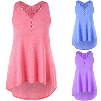 Fashion Solid Color Sleeveless V-neck High-low Hem Lace Spliced Top 