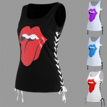 Chic Style Lip Printed Round Neck Side Lace-up Tank Top