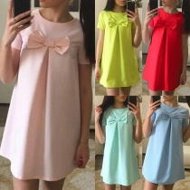 Fashion Solid Color Short Sleeve Round Neck Bowknot Dress