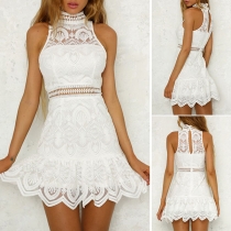 Fashion Solid Color Sleeveless Mock Neck High Waist Lace Dress