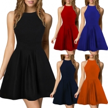 Sexy Backless Sleeveless High Waist Solid Color Dress