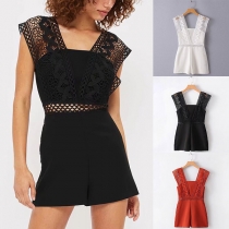 Sexy Backless Deep V-neck Solid Color Lace Spliced Romper 